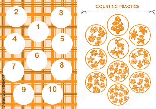 Counting practice for preschoolers. Cut out the plates of gingerbread cookies, count them, and insert them into the designated spots. Christmas theme. Vector illustration in flat style