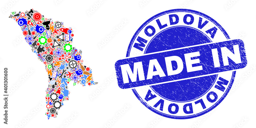 Production mosaic Moldova map and MADE IN distress stamp. Moldova map mosaic created with wrenches,wheels,instruments,elements,vehicles,electricity strikes,bugs.