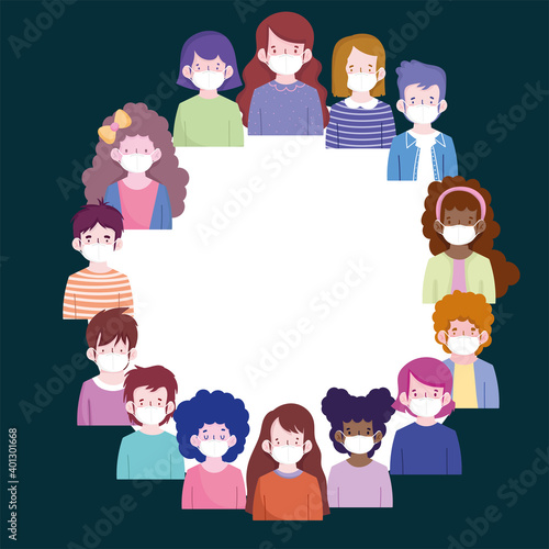 New normal people cartoons with masks circle vector design