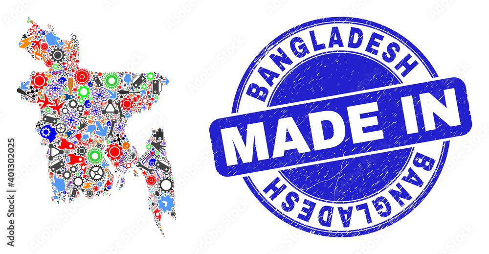 Component mosaic Bangladesh map and MADE IN scratched rubber stamp. Bangladesh map collage designed with wrenches,wheel,instruments,,keys,transports,power bolts,details. Component mosaic Bangladesh map and MADE IN scratched rubber stamp. Bangladesh map collage designed with wrenches,wheel,instruments,,keys,transports,power bolts,details.