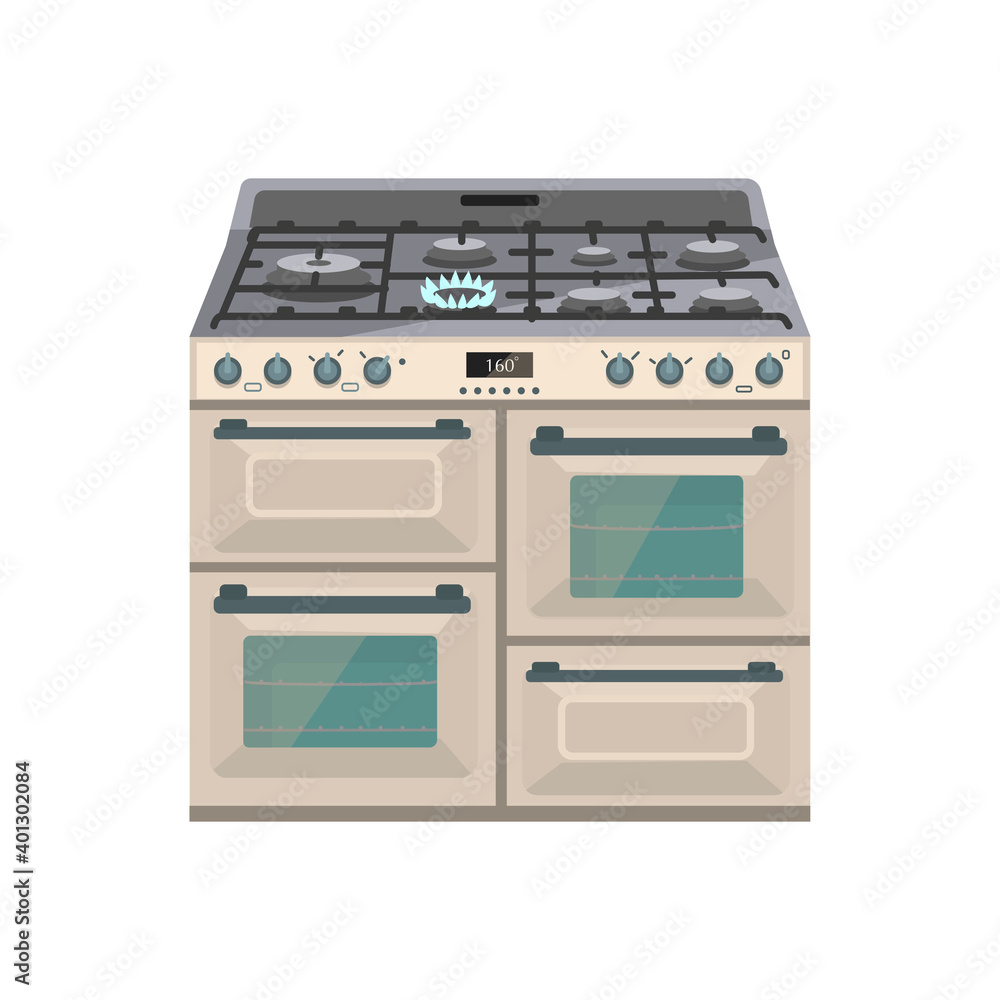 Vector illustration of gas stove with many different burners. Flat style. Isolated on white. Vector illustration of gas stove with many different burners. Flat style. Isolated on white.
