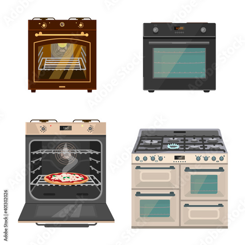 Vector set of different gas stoves. Flat cartoon style. Isolated on white.