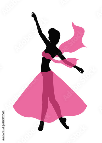 Silhouette of ballerina in transparent skirt. Young graceful dancing woman. Isolated vector illustration on white background 