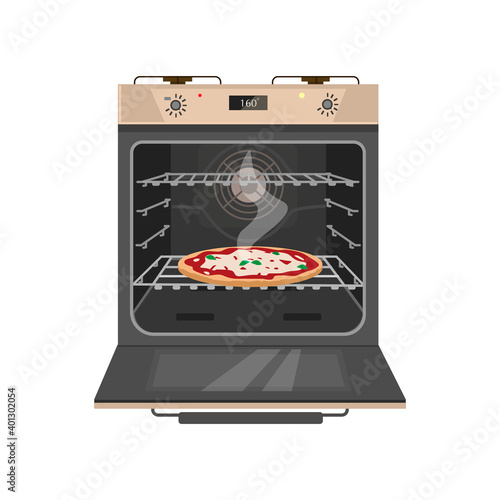 Vector illustration of opened gas stove with tasty pizza inside. Flat cartoon style. Isolated on white.