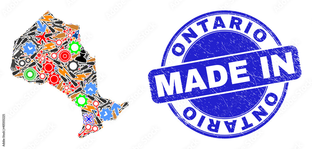 Engineering mosaic Ontario Province map and MADE IN scratched seal. Ontario Province map mosaic formed with spanners, gearwheels,screwdrivers,elements,cars,power bolts,bugs. Engineering mosaic Ontario Province map and MADE IN scratched seal. Ontario Province map mosaic formed with spanners, gearwheels,screwdrivers,elements,cars,power bolts,bugs.