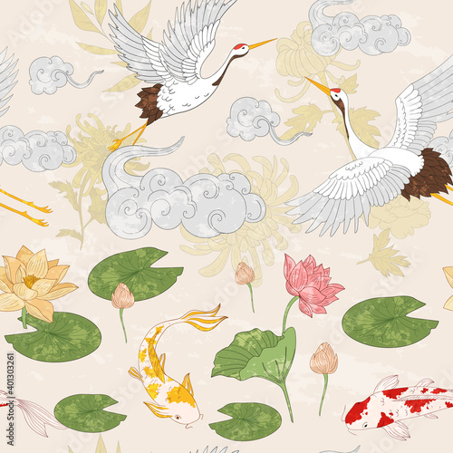 Asian pattern with gold carps, flying cranes and clouds. Pattern in japan style with lotus flowers