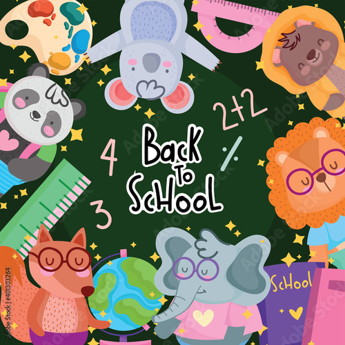 back to school cute elephant panda bear lion with supplies cartoon photo