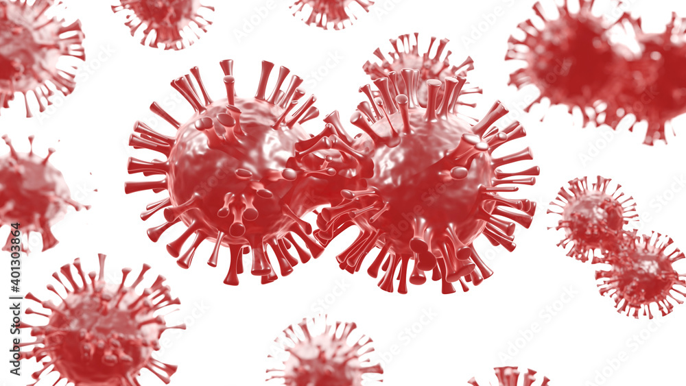 Process of coronavirus mutation. 3d illustration of close up virus new strain generation. Abstract microscopic image of mutated covid-19. Design template for medical banner, web or news