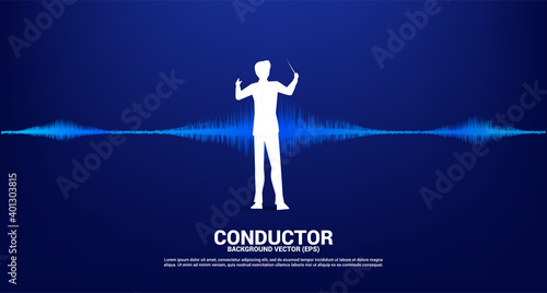 Vector silhouette of conductor with Sound wave Music Equalizer background. Concept background for classic music concert and recreation.