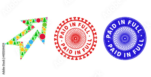 Arrow right up collage of New Year symbols, such as stars, fir-trees, colored circles, and PAID IN FULL corroded stamp imitations. Vector PAID IN FULL stamps uses guilloche pattern,