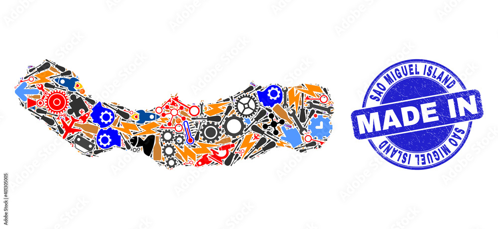 Fototapeta premium Industrial Sao Miguel Island map mosaic and MADE IN distress seal. Sao Miguel Island map mosaic created with spanners, gearwheels, tools,items,vehicles, electric bolts,details.