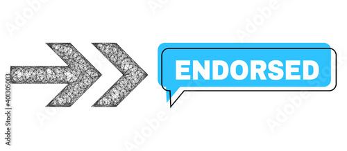Speech Endorsed blue cloud frame and network arrow right. Frame and colored area are shifted for Endorsed text, which is located inside blue cloud. Vector quote title inside talking frame.