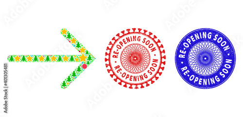 Arrow right composition of New Year symbols, such as stars, fir-trees, color spheres, and RE-OPENING SOON textured stamp imitations. Vector RE-OPENING SOON imprints uses guilloche pattern,