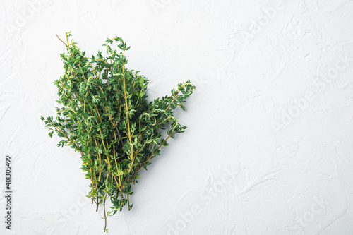 Thyme green organic bunch of herbs, on white background, top view with copy space for text