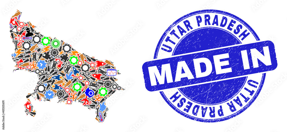 Service Uttar Pradesh State map mosaic and MADE IN distress stamp. Uttar Pradesh State map abstraction designed with spanners,cogs,instruments,items,cars,electricity sparks,bugs.