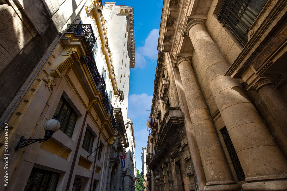 Scenic colorful Old Havana streets in historic city center of Havana Vieja near Paseo El Prado and Capitolio.