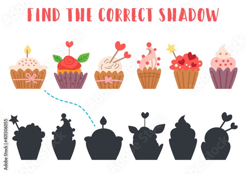 Find the correct shadow. Educational matching game for children. Kids learning game. Preschool worksheet activity. Cartoon cake, sweetness, basket, cupcake,