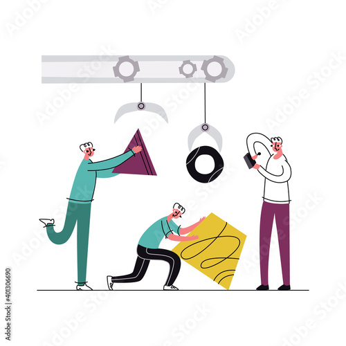 Abstract flat vector illustration metaphor with concept of collaboration, partnership and solving problems together. Colleagues are shown assembling an abstract figure. Business communication.