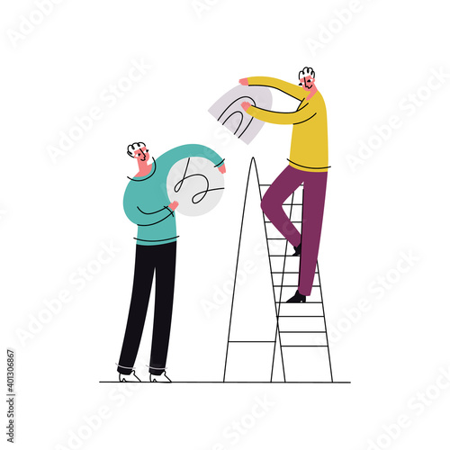 Abstract flat vector illustration metaphor with concept of collaboration, partnership and solving problems together. Colleagues are shown assembling an abstract figure. Business communication.