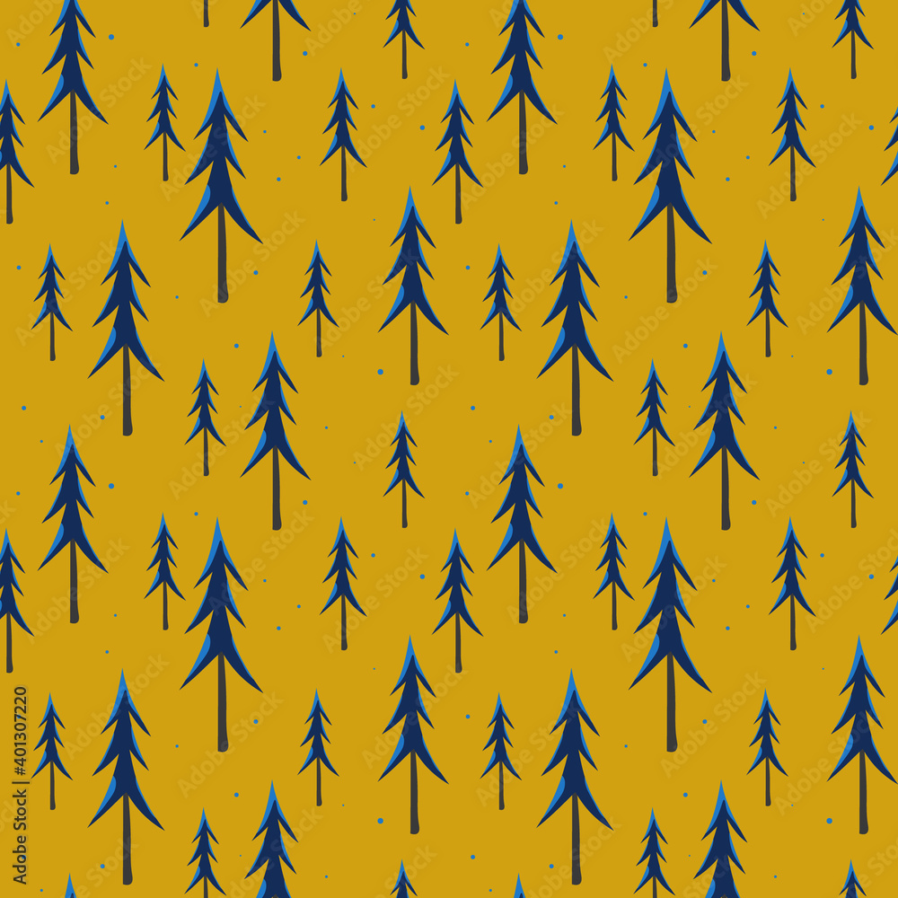 Obraz premium Seamless pattern with with blue of coniferous trees in yellow background. Vector illustration with hand drawn spruce trees. Design for print greeting card, paper, fabric, gift wrap