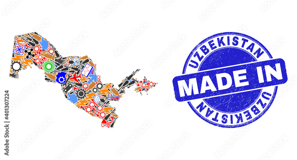 Production mosaic Uzbekistan map and MADE IN distress rubber stamp. Uzbekistan map abstraction designed with wrenches,wheels, tools,,keys,airplanes,aircrafts,air planes,aviation symbols,power sparks, Production mosaic Uzbekistan map and MADE IN distress rubber stamp. Uzbekistan map abstraction designed with wrenches,wheels, tools,,keys,airplanes,aircrafts,air planes,aviation symbols,power sparks,