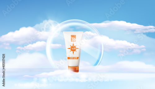 Sunblock ads template, sun protection cosmetic products design with Blur Sea,ring light.Vector illustration, eps10 