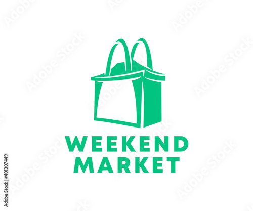 Weekend market, shopping, bag and tent, logo design. Purchases, buyings, retail, shopping bag or handbag, vector design and illustration
