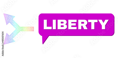 Liberty and bifurcation arrow left composition. Spectral colored mesh bifurcation arrow left, and chat Liberty cloud frame. Chat colored Liberty bubble has shadow.