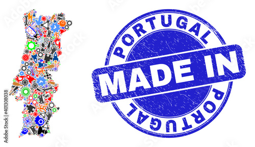 Technical Portugal map mosaic and MADE IN textured stamp. Portugal map mosaic designed with spanners,wheels,screwdrivers,components,vehicles, electric strikes,details.