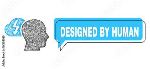 Speech Designed by Human blue cloud frame and net brainstorming. Frame and colored area are misplaced to Designed by Human text, which is located inside blue cloud.