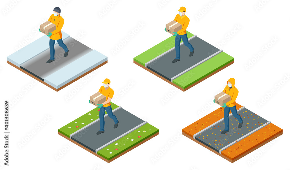 Isometric deliveryman at different times of the year. Isometric delivery man or courier in a medical mask and gloves delivering food to customer at home. Online purchases during a quarantine. Isometric deliveryman at different times of the year. Isometric delivery man or courier in a medical mask and gloves delivering food to customer at home. Online purchases during a quarantine.
