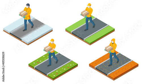 Isometric deliveryman at different times of the year. Isometric delivery man or courier in a medical mask and gloves delivering food to customer at home. Online purchases during a quarantine.
