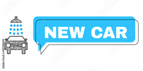 Conversation New Car blue cloud frame and wire frame car wash. Frame and colored area are shifted for New Car caption, which is located inside blue colored cloud. Vector quote title inside chat frame.