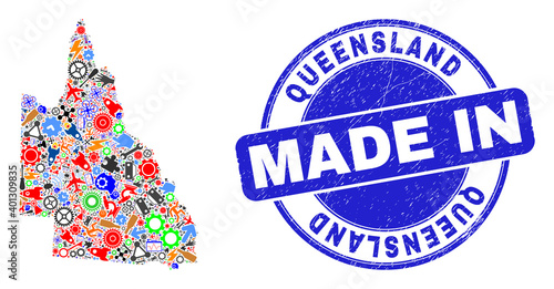 Development Australian Queensland map mosaic and MADE IN textured rubber stamp. Australian Queensland map mosaic composed from wrenches, gearwheels,instruments,items,cars, electric sparks,details.