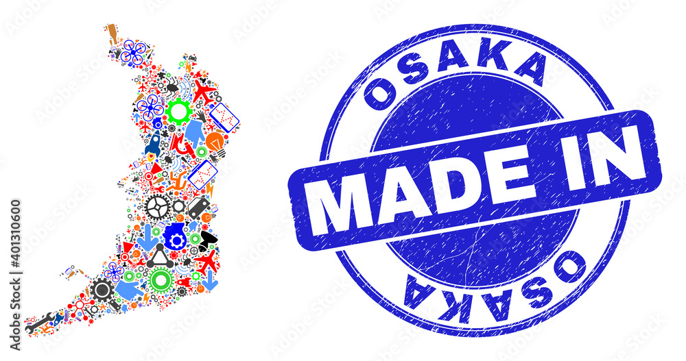 Component Osaka Prefecture map mosaic and MADE IN textured rubber stamp. Osaka Prefecture map composition created with spanners, gearwheels,instruments,components,transports,electricity sparks, Component Osaka Prefecture map mosaic and MADE IN textured rubber stamp. Osaka Prefecture map composition created with spanners, gearwheels,instruments,components,transports,electricity sparks,