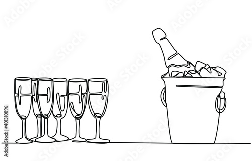 A Bottle of champagne sparkling wine in a bucket and Glasses. Continuous line in a trendy minimalist style. One line. Vector illustration of a party, celebration, holiday, etc.