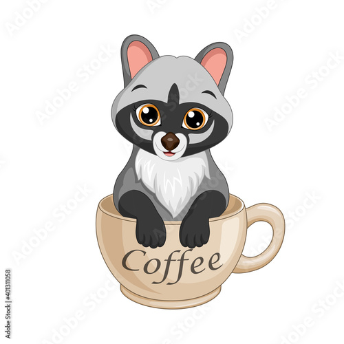 Cartoon cute civet in a coffee cup
