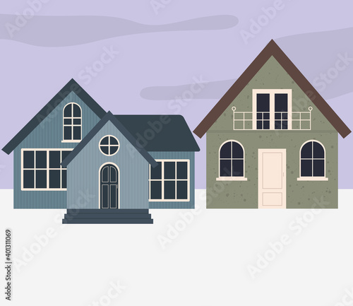 blue and green classic houses, colorful design