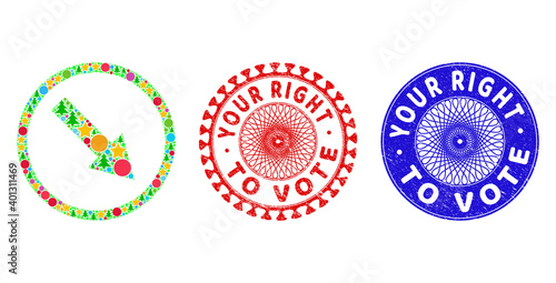 Down-right rounded arrow mosaic of New Year symbols, such as stars, fir trees, multicolored round items, and YOUR RIGHT TO VOTE rough stamp seals.