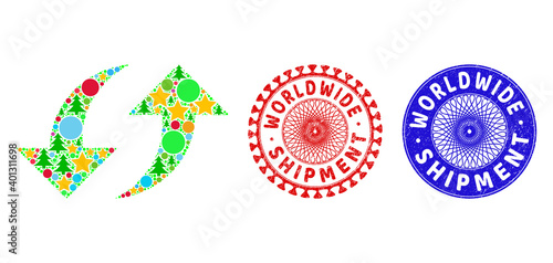 Exchange arrows composition of New Year symbols, such as stars, fir-trees, color round items, and WORLDWIDE SHIPMENT rough stamp seals. Vector WORLDWIDE SHIPMENT seals uses guilloche pattern,