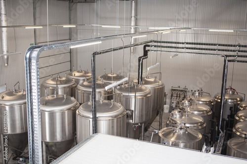 Top view shot of beer tanks in microbrewery with no people, copy space