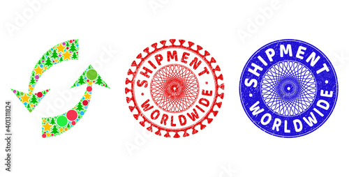 Exchange arrows mosaic of Christmas symbols, such as stars, fir-trees, colored balls, and SHIPMENT WORLDWIDE grunge stamp seals. Vector SHIPMENT WORLDWIDE watermarks uses guilloche pattern,