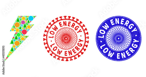 Execute mosaic of New Year symbols, such as stars, fir-trees, colored round items, and LOW ENERGY rough seals. Vector LOW ENERGY imprints uses guilloche ornament, designed in red and blue versions.