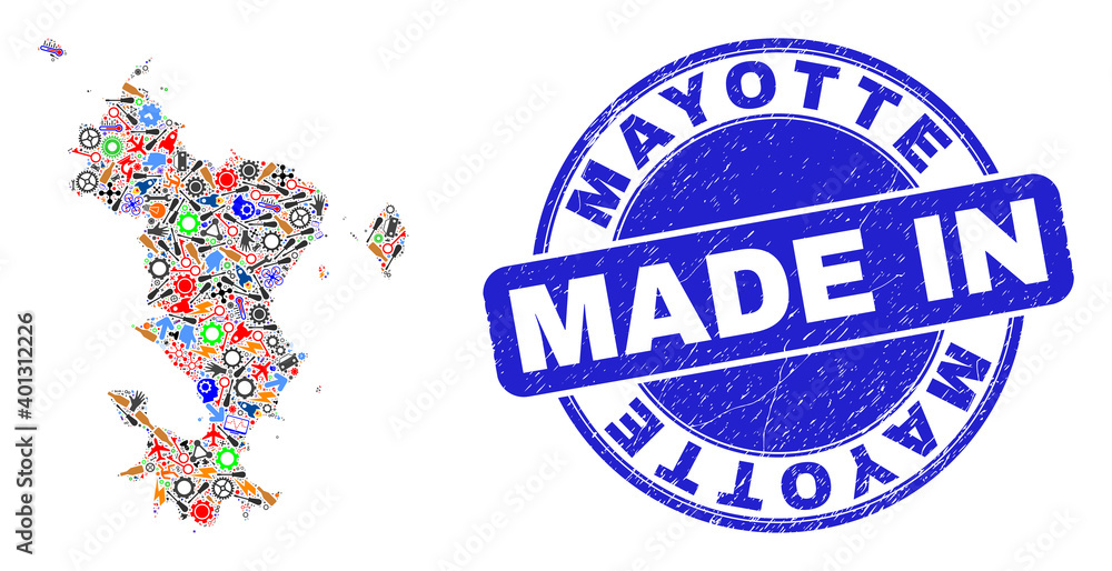 Production mosaic Mayotte Islands map and MADE IN distress stamp. Mayotte Islands map mosaic formed with spanners, gearwheels,screwdrivers,,keys,transports, electric bolts,details. Production mosaic Mayotte Islands map and MADE IN distress stamp. Mayotte Islands map mosaic formed with spanners, gearwheels,screwdrivers,,keys,transports, electric bolts,details.