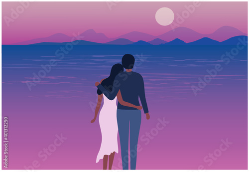 Romantic couple in love in night cityscape background. Valentine, marriage, wedding and love concept