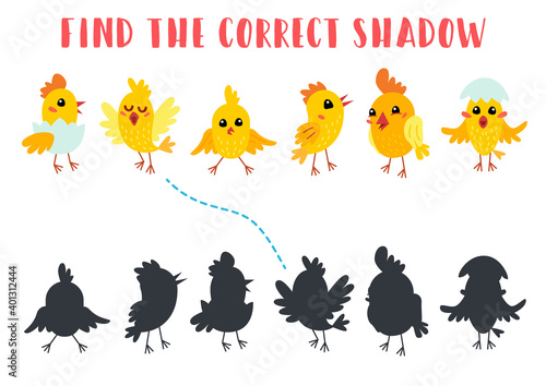 Find the correct shadow. Educational matching game for children. Kids learning game. Preschool worksheet activity. Cartoon birds chicks
