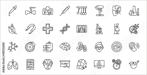 set of 32 bioengineering thin outline icons such as gmo food, computer, formula, artificial, biology, project, agricultural, x ray, magnetism
