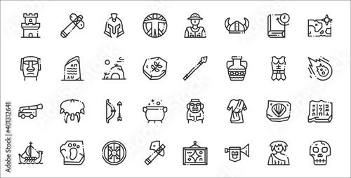 set of 32 history thin outline icons such as skull, horn, ax, ship, fossil, bow, meteor, spear, rosetta stone