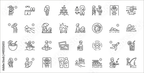 set of 32 summer holiday thin outline icons such as fishing, yacht, sunscreen, woman, plane, surfer, swimming, beach sunset, beach