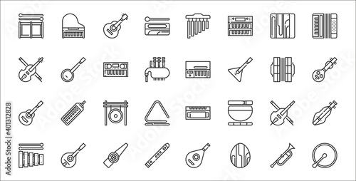 set of 32 music instruments thin outline icons such as bodhr?n, shaker, flute, xylophone, cello, gong, veena, clavinet, banjo